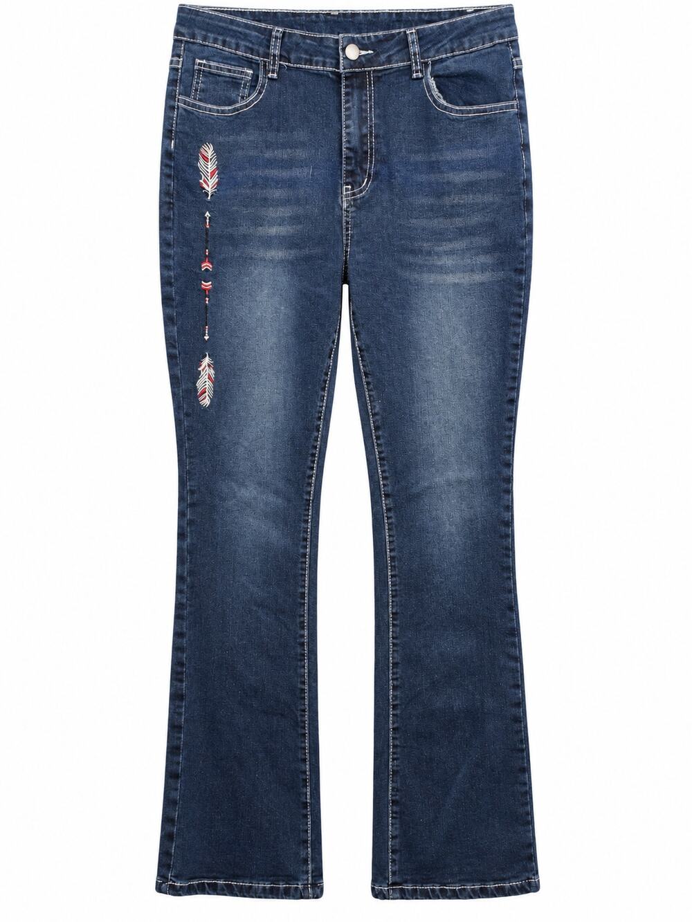 Women’s XL Embroidered Feather Arrow Jeans Stretch Bootcut Western Boho Denim